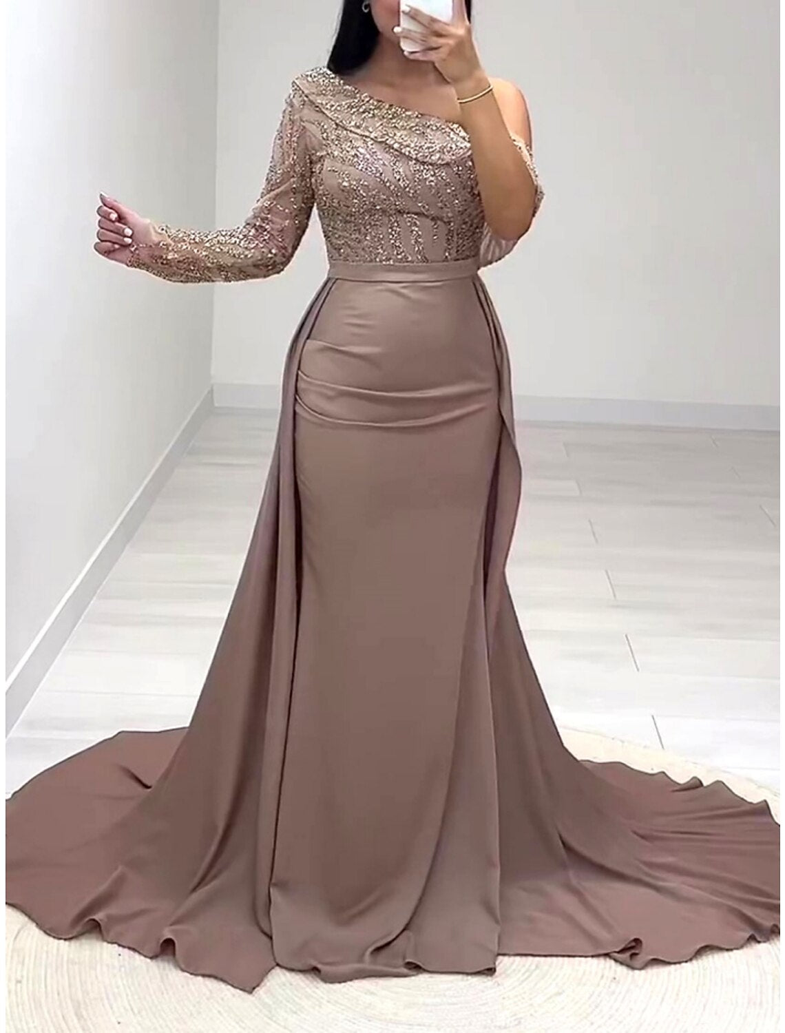 Sheath / Column Evening Gown Party Dress Formal Court Train Long Sleeve One Shoulder Sequined with Glitter Ruched